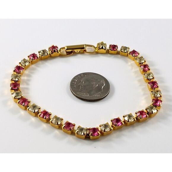 Vintage Trifari Pink Clear Rhinestone Tennis Bracelet,  Gold Plated, 1980s - Picture 6 of 10